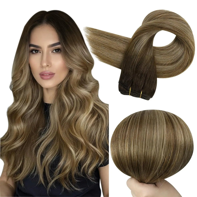 Full Shine Human Hair Weft Extensions Hair Bundles Ombre Blonde Color 100g Sew In Silky Straight Remy Skin Double Weft For Salon