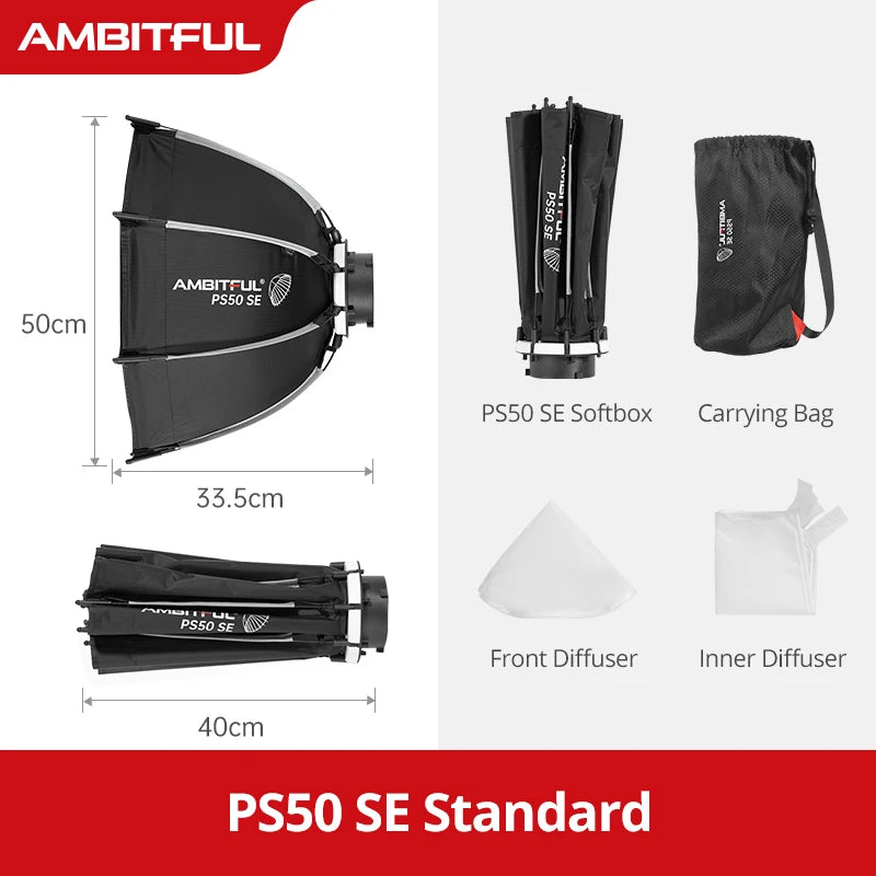 AMBITFUL PS30/PS50 SE 30cm 55cm Mini Quickly Release Bowens Mount Octagon Softbox + Honeycomb Grid Outdoor SoftBox for LED Flash