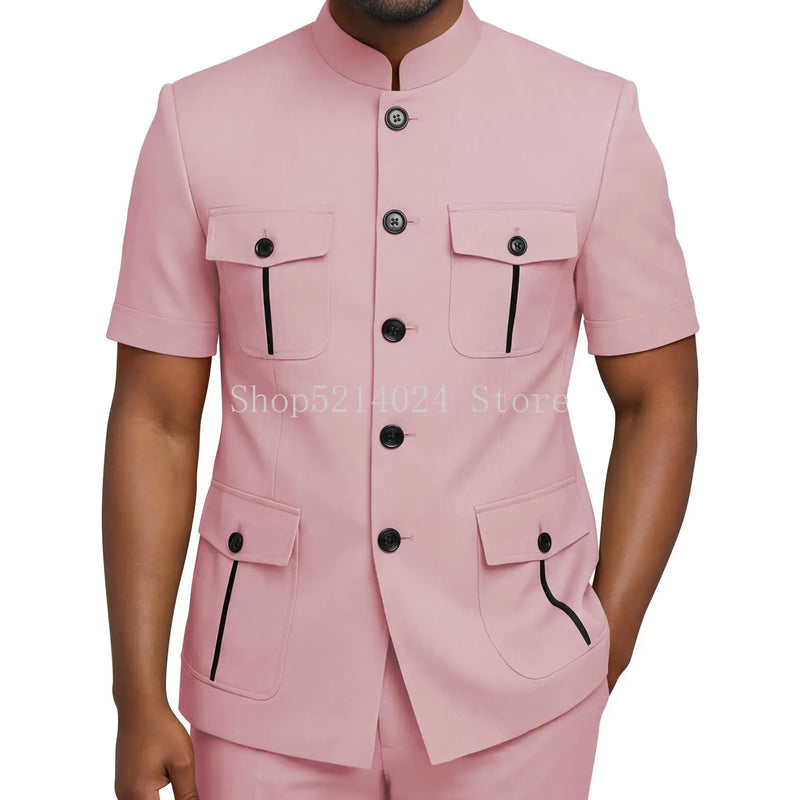 Mens Safari Suit 2 Piece Short Sleeve Suits for Men Regular Fit Stand Collar Suit African Clothes
