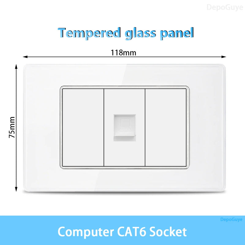 White Tempered Glass Italy USB Type C Smart Fast Charging Wall Socket Plugs Schuko Light Switch Panel Chile TV Sat Computer CAT6