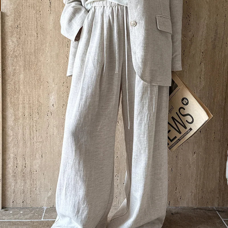 Autumn Hig-end Linen Material Blazer Jacket Sets Women 2025 Summer New Loose Wide Leg Casual Pant Ladies Clothing Office Lady