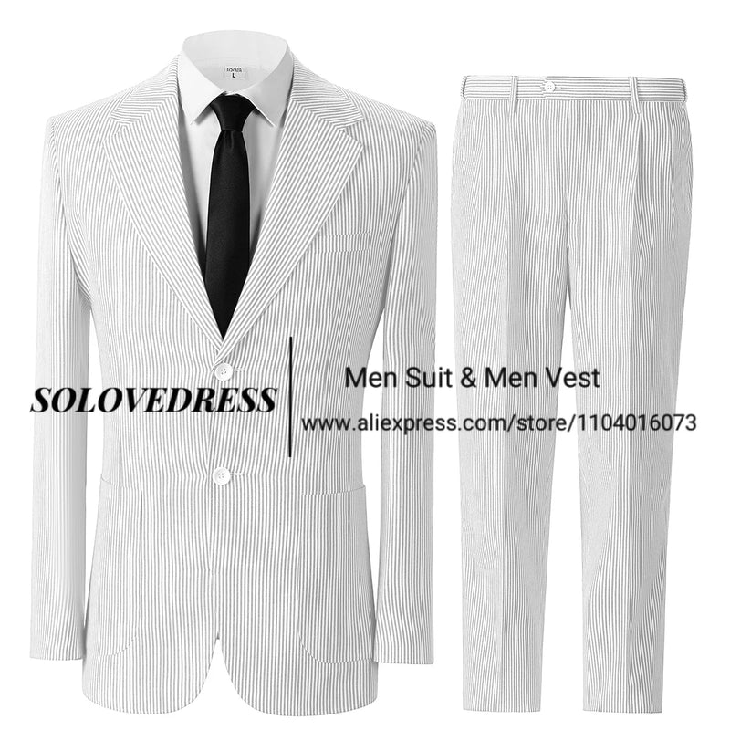 Men's Seersucker Striped Suits 2 Piece Slim Fit Summer Casual Pinstripe Suit for Men Wedding Grooms Blazer Jacket Pants Sets
