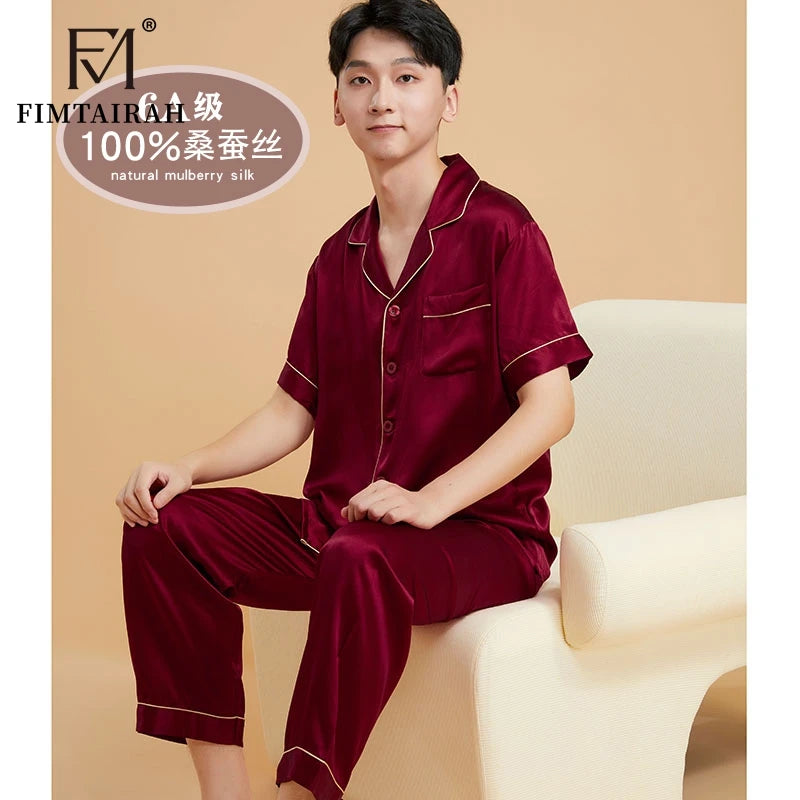 Fimtairah Real 19MMSilk 100% Mulberry Silk Pajamas Men's  Hangzhou Solid Color heavy Silk Home Wear Men's Short sleeve trousers
