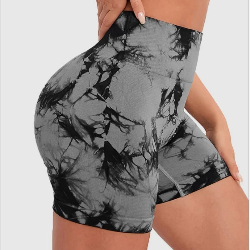 Seamless Tie Dye Style High Waist Quick Dried Fitness Triple Pants Honey Peach Hip Lift Yoga Sports Tight Shorts