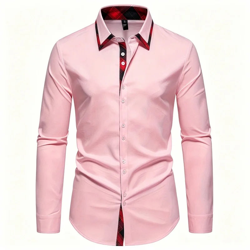 Men's Slim Fit Dress Shirt Plaid Patchwork Collar Long | SAMAG