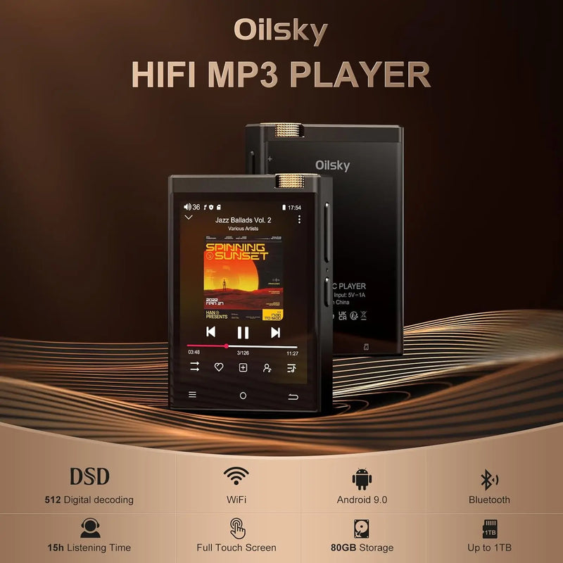 Hi-Fi MP3 Player with Bluetooth and WiFi, Oilsky Lossless DSD High-Resolution Digital Audio， up to 1TB
