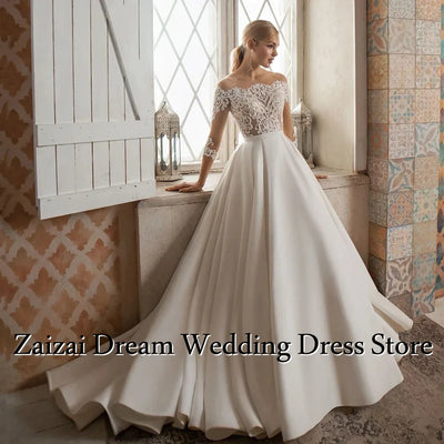 Customized Luxury A - Line Satin Wedding Dresses Off | SAMAG