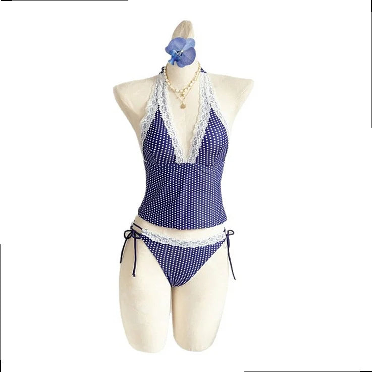 Deep V Lace Polka Dot Tie Front Sexy Bikini Set Designer | SAMAG