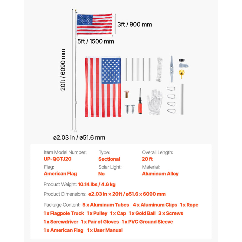 VEVOR 16/20/25/30ft Flag Pole for Outside House In Ground Thick Aluminum Flagpole Kit with 3x5American Flag for Yard Residential