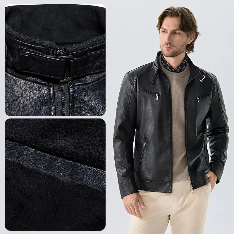Men PU Leather Jacket Fashion Autumn Winter Stand Collar Slim Leather Jackets Warm Casual Coat Moto Biker Windproof Leather Coat