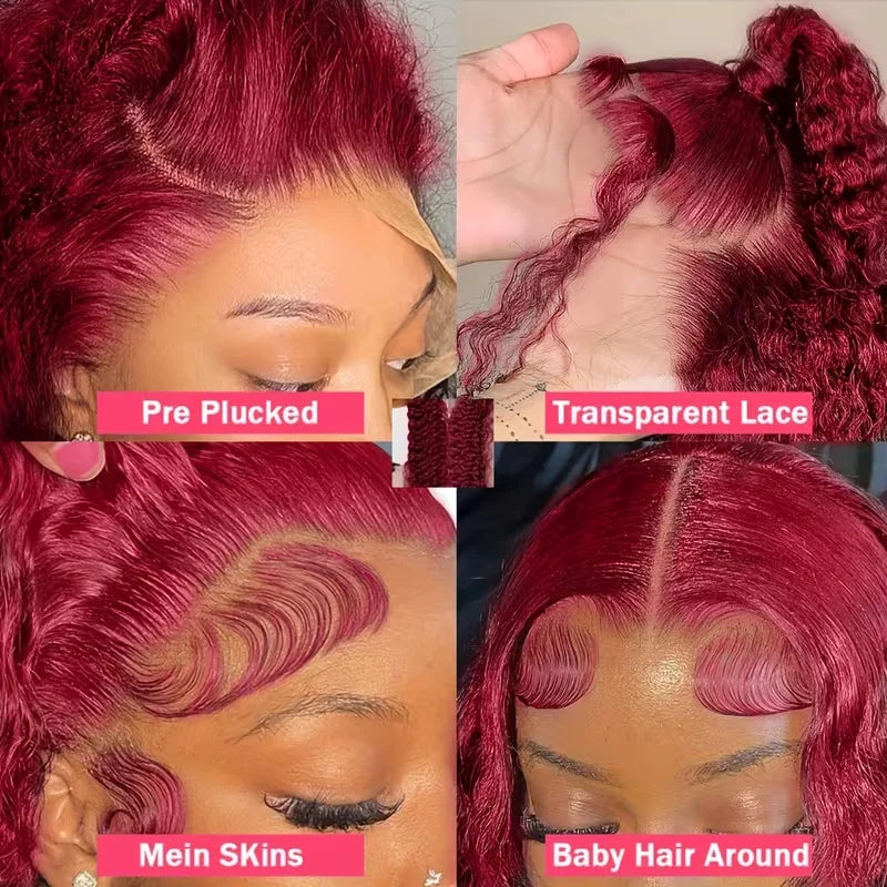Deep Curly Wigs Human Hair 99J Burgundy 13x4 HD Transparent Lace Front Human Hair Wig Pre Plucked With Baby Hair 16-34 Inch Long