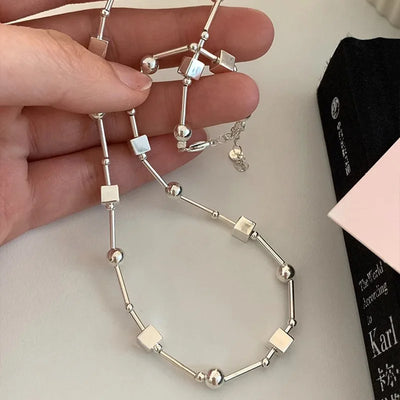 VENTFILLE 925 Sterling Silver Bead Geometry Necklace for Women Girl Korean Design Versatile Choker Jewelry Dropship | SAMAG