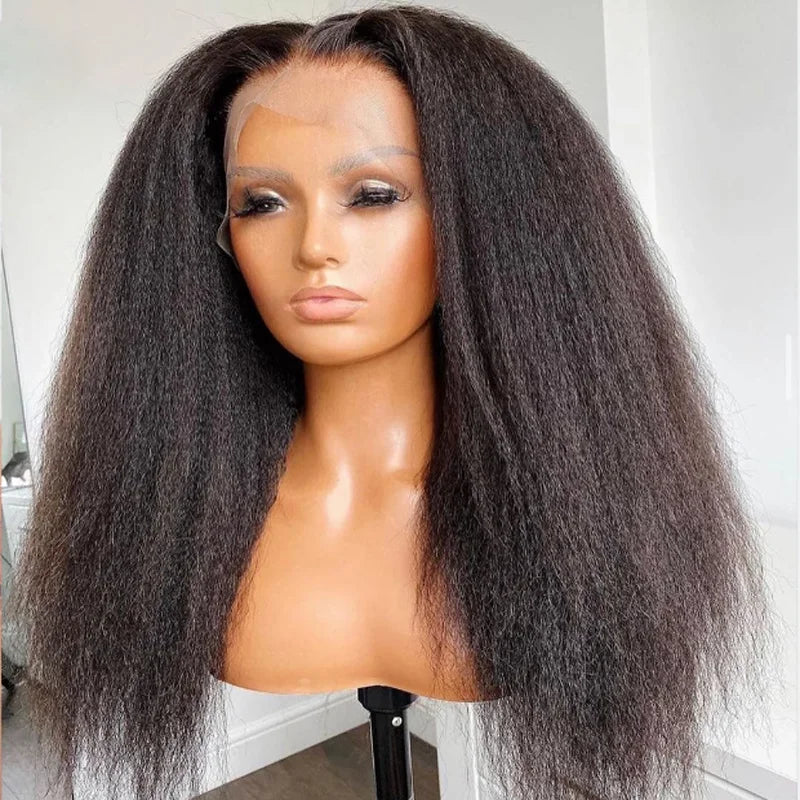 Soft Yaki Natural Black Long Glueless 24Inch Kinky Straight Lace Front Wig For Women With Baby Hair Synthetic Preplucked Daily