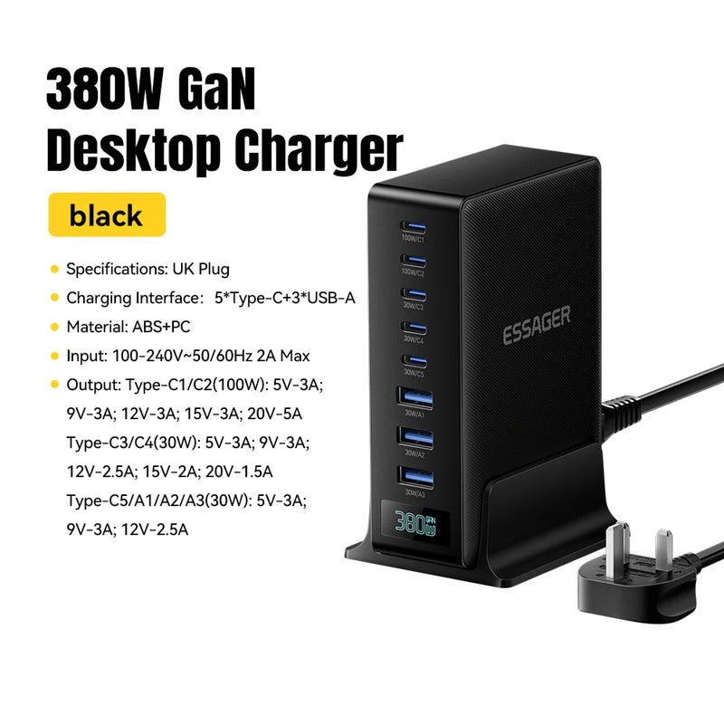 Essager 380W GaN Fast Charging Charger Stand 8-in-1 Desktop Laptop Charging Dock for iPhone 17/16/15 pro Max MacBook Air Xiaomi