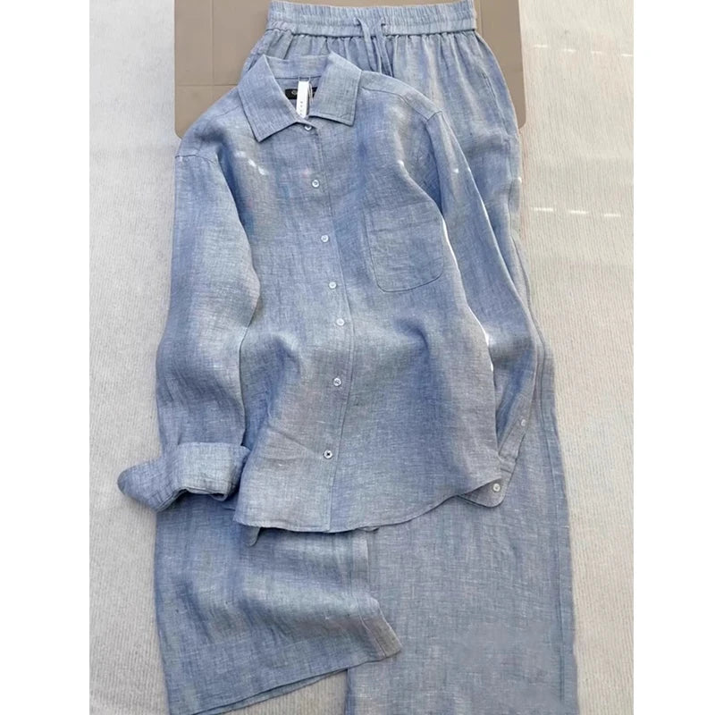 New Summer Women Leisure Lapel Collar Shirt Elegant Pantsuits Fashion Blue Suit Two-piece Set Simple Loose Comfortable Shirt