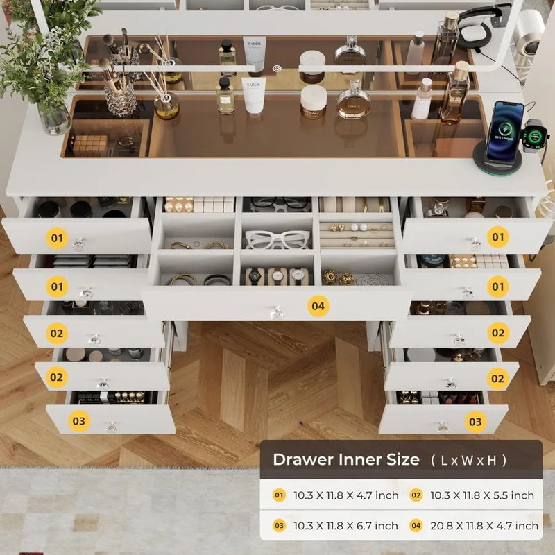 White Makeup Vanity with 11 Drawers and Glass Top Adjustable Brightness Lighting Mirror for Bedroom 3 Lighting Modes Makeup Des
