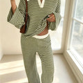 Autumn New Fashion Knitted Striped Lapel Long-sleeved Two-piece Set Slim + Casual High-waisted Wide-leg Pants 2 piece Set Female