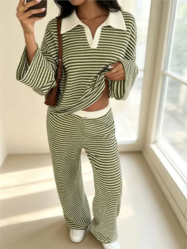 Autumn New Fashion Knitted Striped Lapel Long-sleeved Two-piece Set Slim + Casual High-waisted Wide-leg Pants 2 piece Set Female