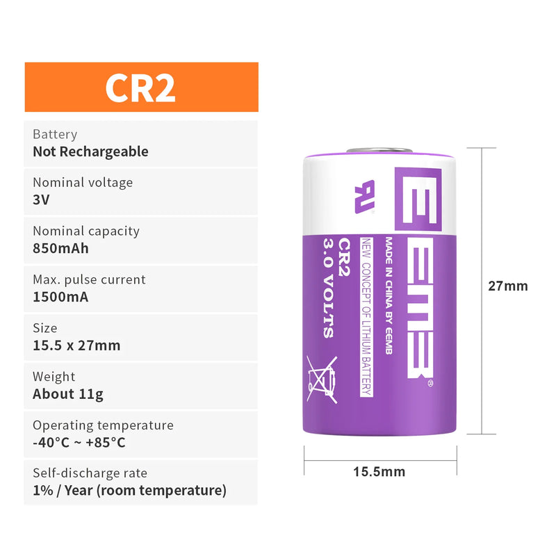 EEMB CR2 3V Lithium Battery 850mAh Non-Rechargeable Battery for Microphones Camera Smoke Detector Doorbell Flashlight