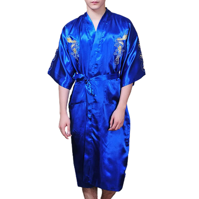 Sexy Men Satin Silky Chinese Dragon Kimono Bathrobe Pajamas Sleepwear Gown Bath Robes Man Fashion Nightgown