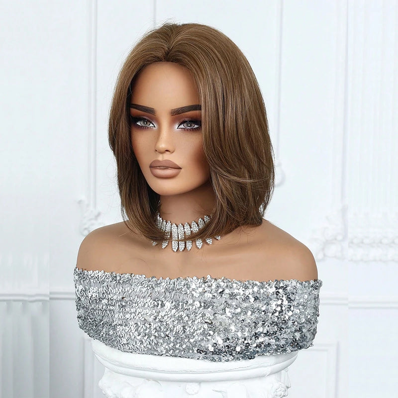 EASIHAIR Short Straight Bob Hair Synthetic Wigs for Women Brown Straight Natural Wigs with Eight Character Bangs Daily Cosplay