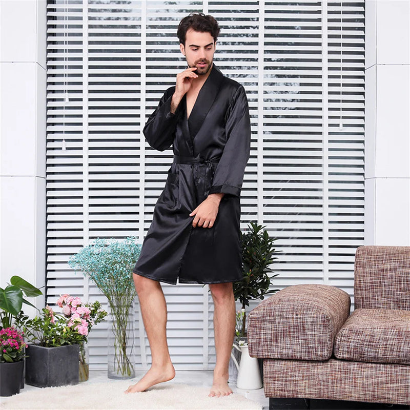 2025 Summer Men's Thin Pajamas Robes Men Homewear Long Sleeve Kimono Bathrobe Black Silk Sleepwear Male Shower Robe Nightwear
