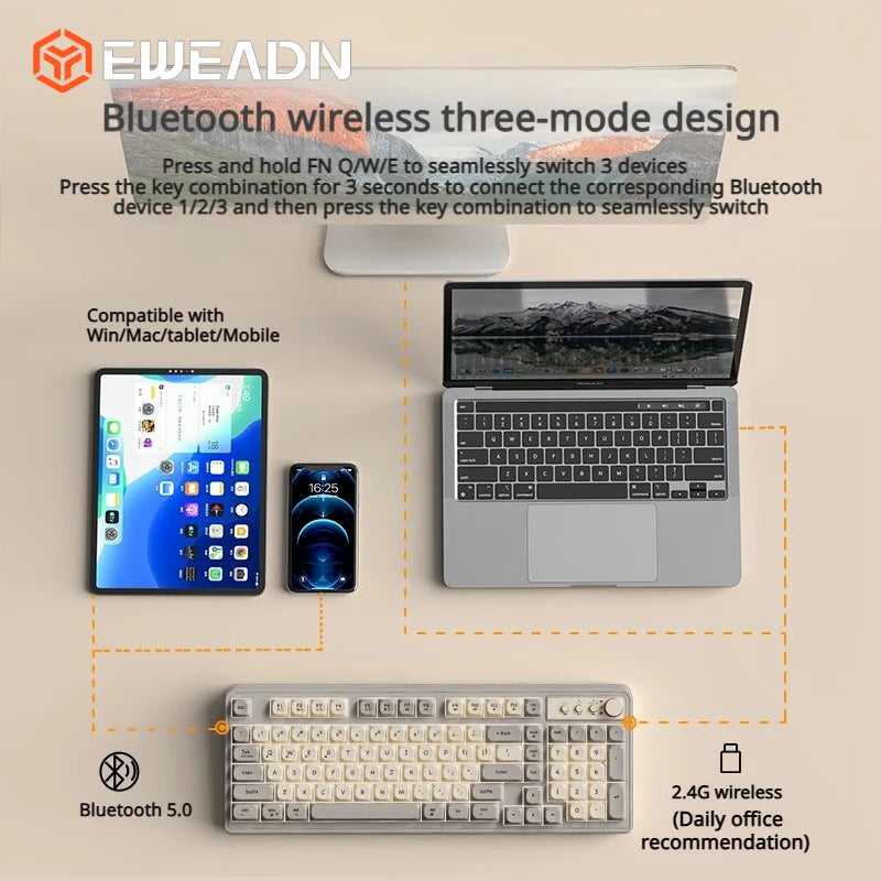 EWEADN V1 Stylish 3-Mode Wireless Combo Backlit Quiet Keyboard Mouse Ergonomic Desktop Kit