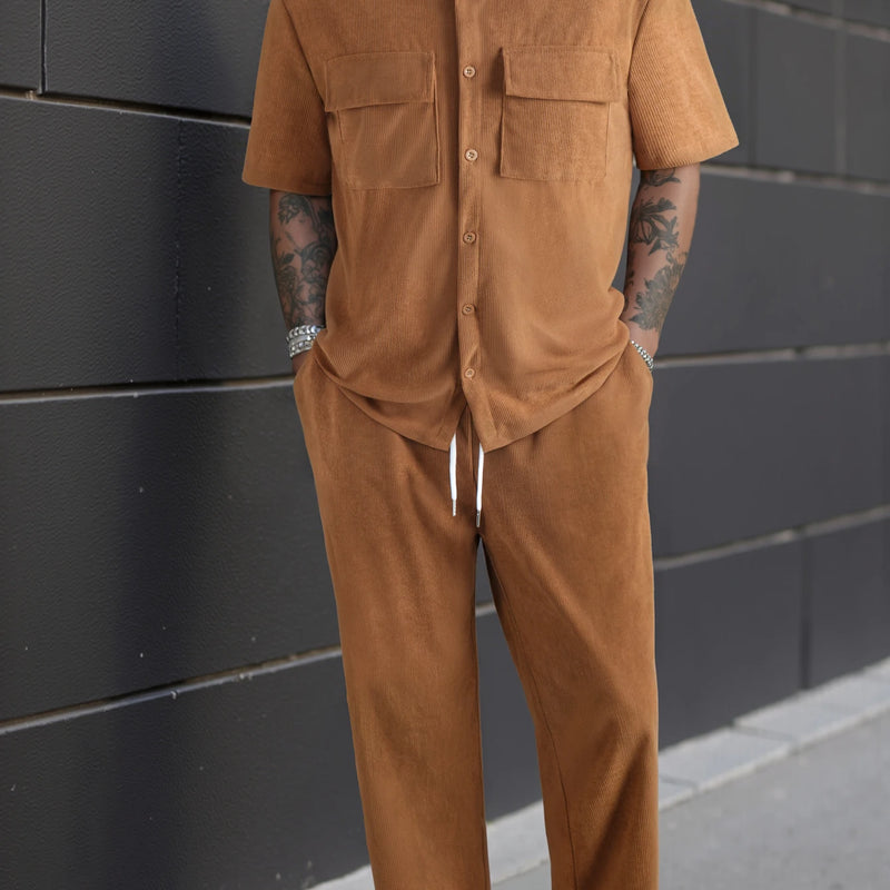 New 2pcs Set Men's Short Sleeve Shirt + Pants Suits for Beach Wear Tracksuit Solid Color Sweatpants Hawaiian - View 4 | SAMAG