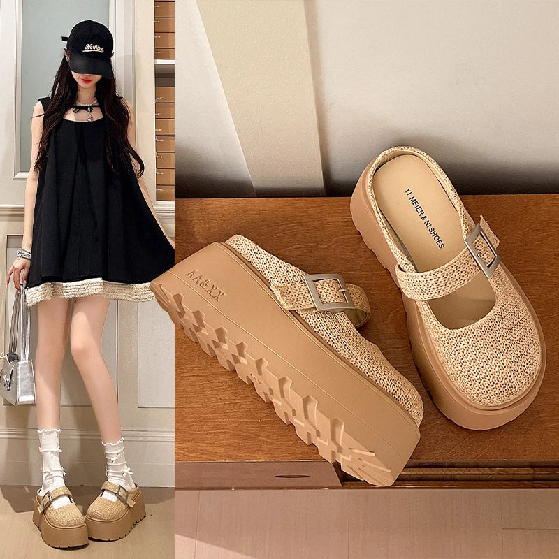 Women Platform Mules Closed Toe Buckle Strap Slip On Clogs 2026 Summer Linen Canvas Casual Wedge Sandals for Daily Outdoor Wear