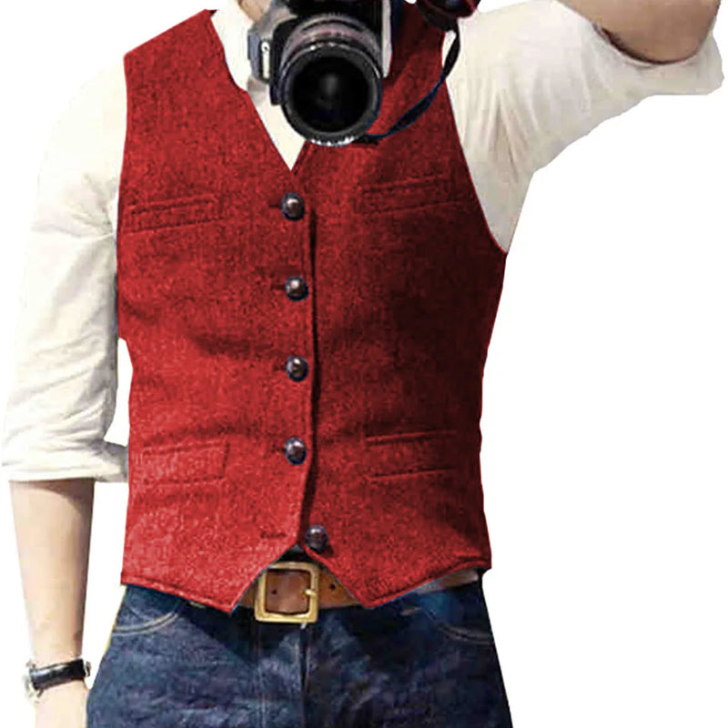 V Neck Men's Suits Vest Casual Classic Formal Business Herringbone Tweed Slim Fit Waistcoat For Wedding Groomsmen