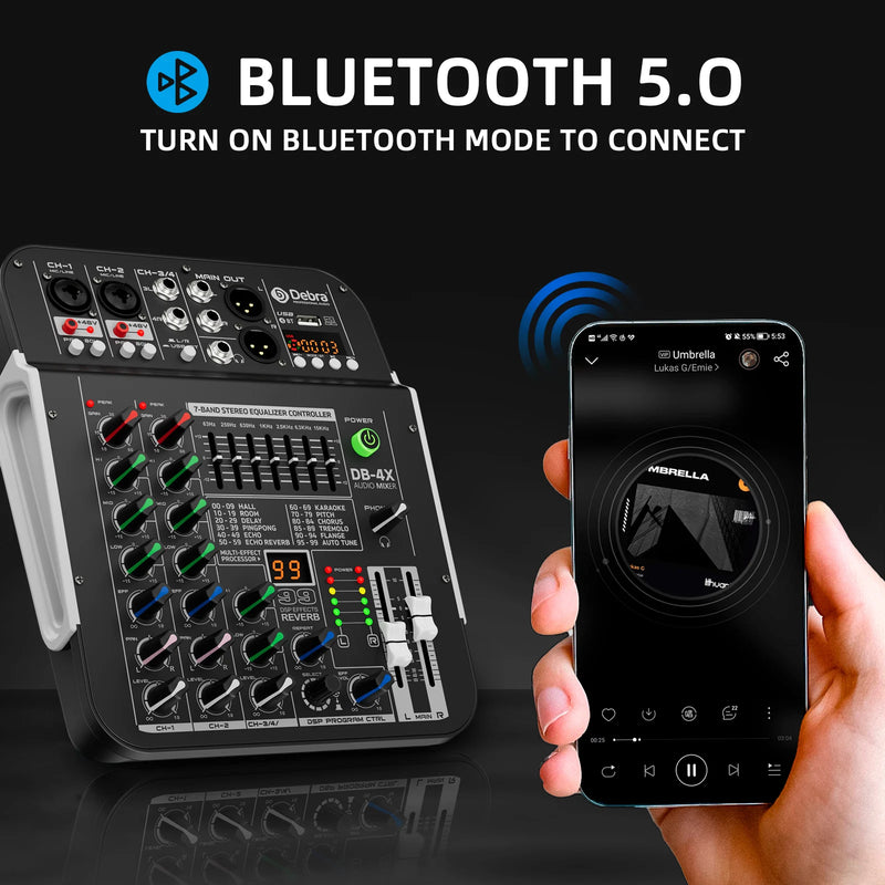 Debra DB-4X 4-Channel Professional Mixer And Sound Card, Bluetooth 5.0, +48V, Multifunctional Input Support, For PC Recording
