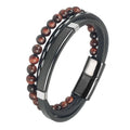MingAo Charm Men Jewelry Natural Stone Multi-Layer Leather bracelet Black Stainless Steel Magnetic Clasp Tiger eye Bead Bracelet