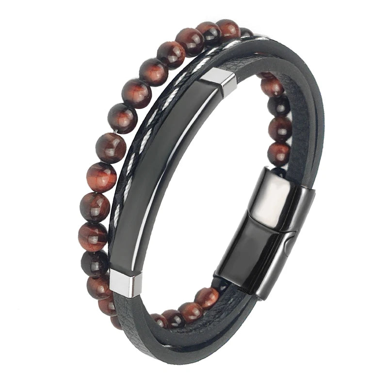 MingAo Charm Men Jewelry Natural Stone Multi-Layer Leather bracelet Black Stainless Steel Magnetic Clasp Tiger eye Bead Bracelet