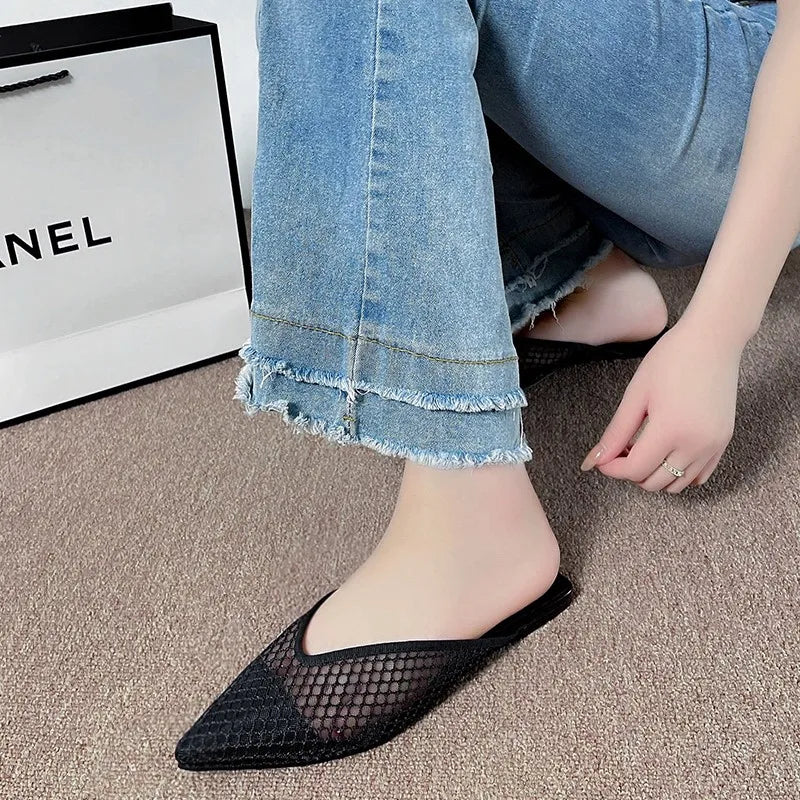 2026 Summer New Fashionable Pointed Toe Half Slippers Women Women's Mesh Hollow Slippers Outdoor Leisure Shoes Plus Size 35-42
