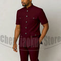 Men's Grey Mandarin Collar Suit Set Short Sleeves Multi-Pocket Jacket and Trousers Fashion Formal Smart Casual Wedding Suits