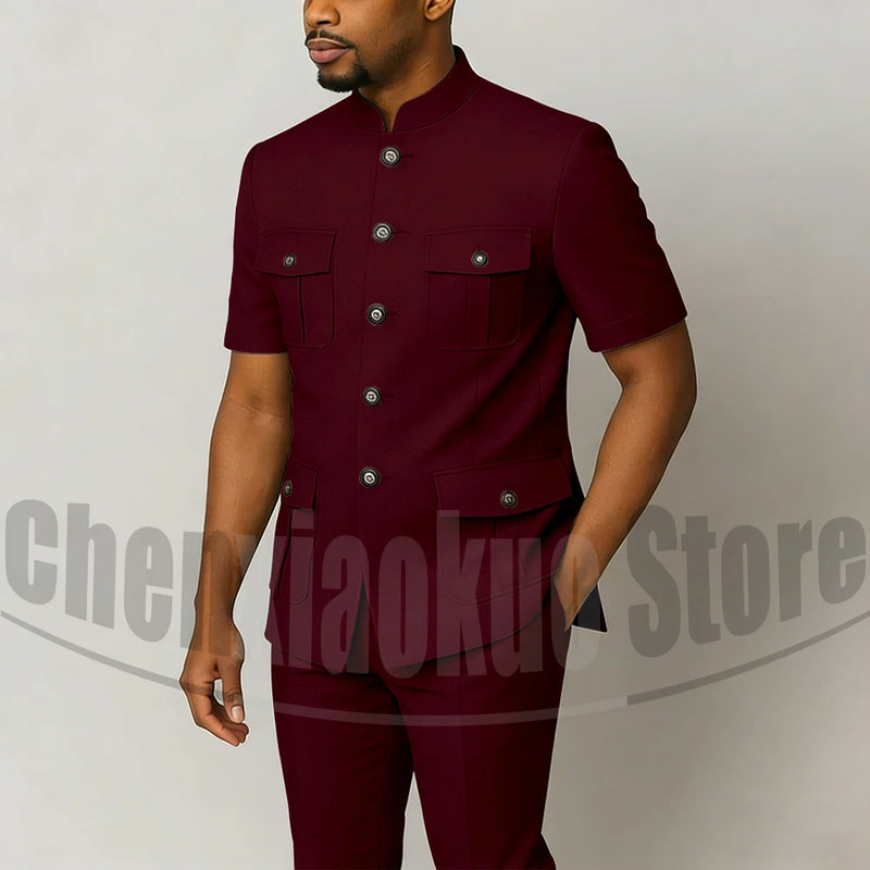 Men's Grey Mandarin Collar Suit Set Short Sleeves Multi-Pocket Jacket and Trousers Fashion Formal Smart Casual Wedding Suits