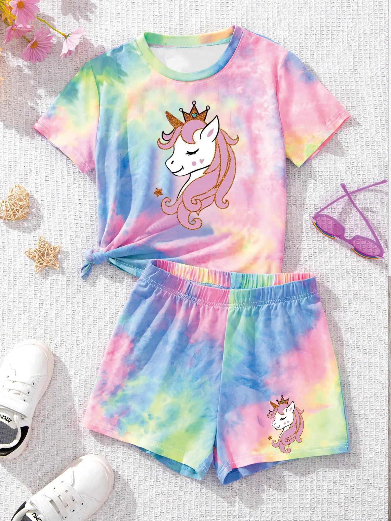 Comfy Kids Girls 2-Piece Outfit, Soft Breathable Fabric Tie Dye Unicorn Print T-Shirt & Shorts for Vacation & Outings