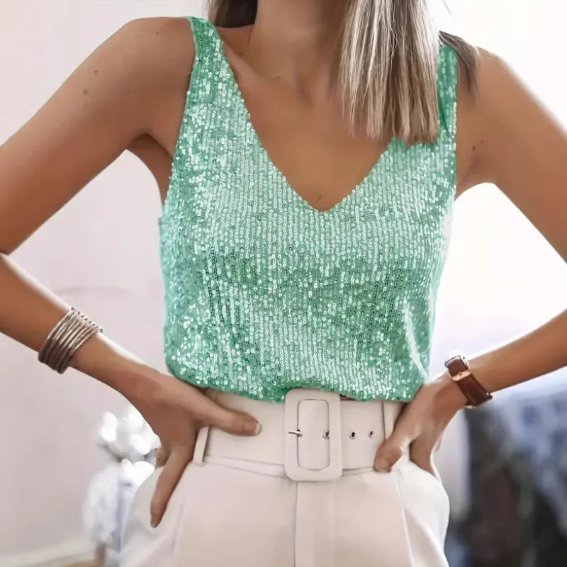 Women Sequin V Neck Tank Top Sleeveless Sparkly Camisole - View 2 | SAMAG