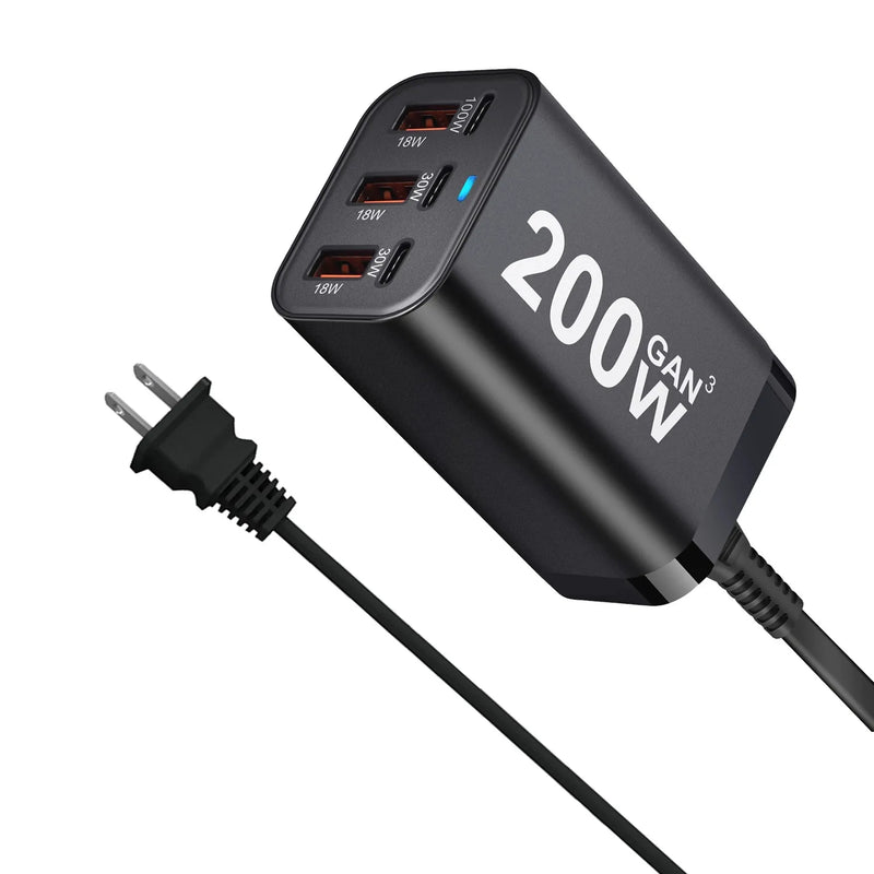 USB C Fast 200W 6-Port Charging  Fast  GaN Charger Power Adapter For iPhone 14/13/12 Series, Samsung Galaxy S23/S22/S21