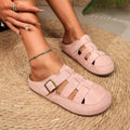 Womens Mules Round Toe Suede Look Texture Caged Cutout Flat Shoes Adjustable Buckle Strap Casual Backless Slip on Walking Clogs