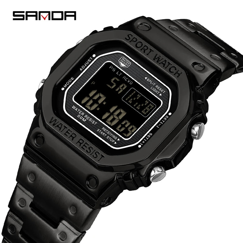 SANDA 2162 Men's Electronic Watch Square Waterproof Multi Functional Wrist Watch Square Fashion Night Light Steel Digit Watches