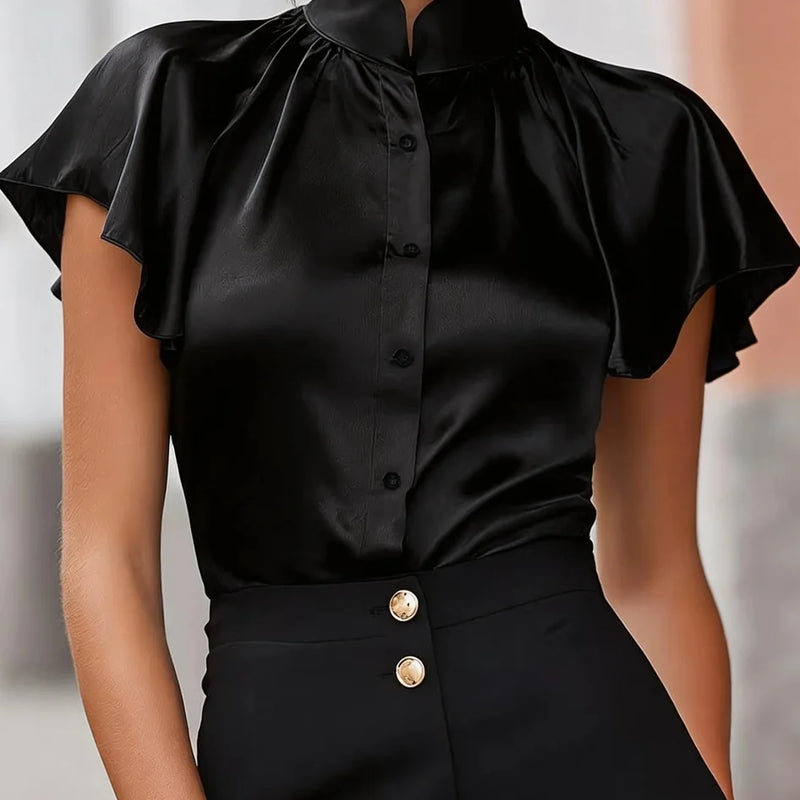 Women's Short Sleeve Satin Blouse Stand Collar Ruffle - View 5 | SAMAG