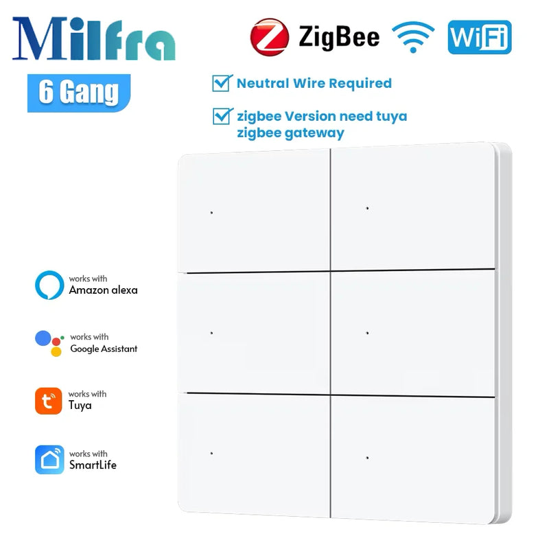 Milfra Zigbee WIFI Light Switch 1/2/3/4/6 Gang Smart Switch Voice Control Work With Alexa Google Home Tuya Control With Neutral