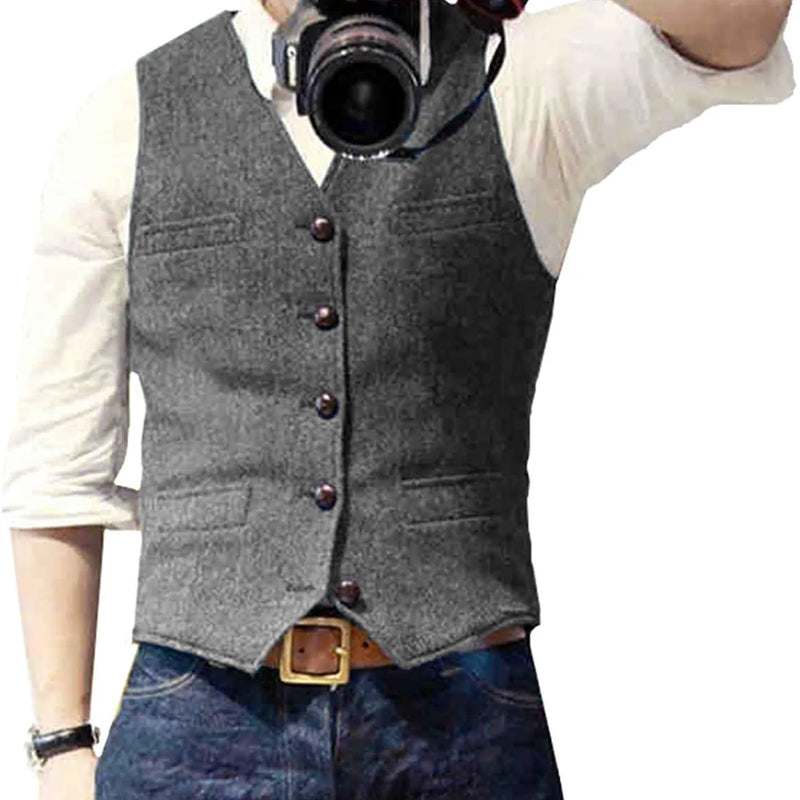 Men's Suit Vest V Neck Wool Herringbone Tweed Casual Waistcoat Formal Business Vest Groomman