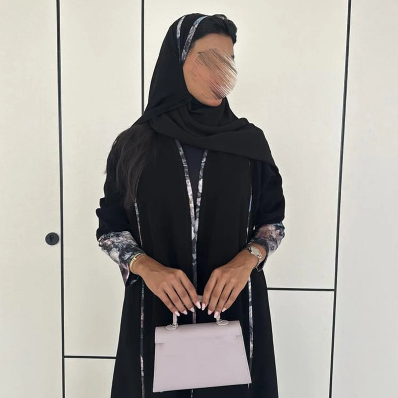 Long Raglan Sleeve Abaya with Contrast Print Details | SAMAG