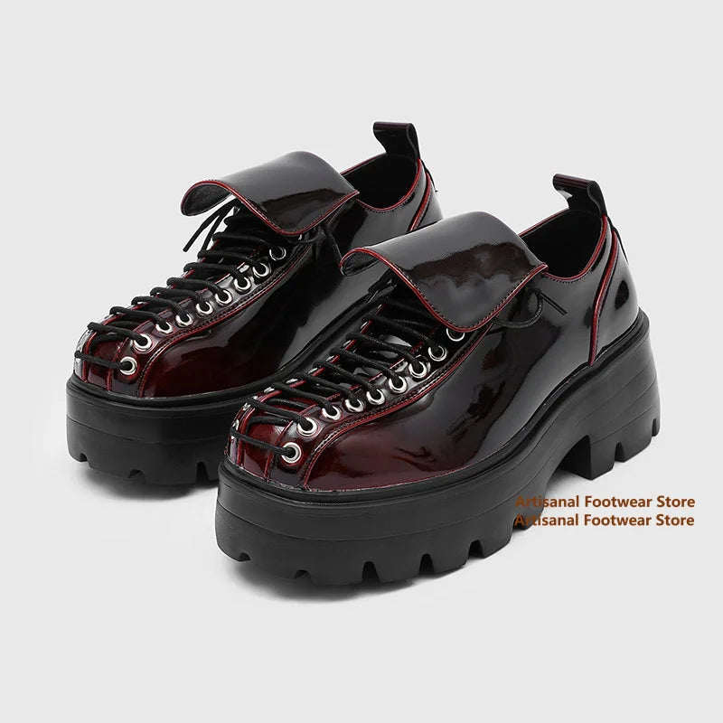 Thick Soled Derby Shoes British Style Men's Lace Up Round Toe Casual Leather Shoes Trendy Handmade Height Increasing Men's Shoes
