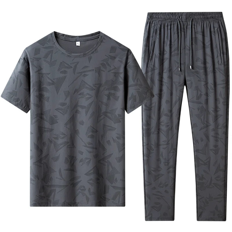 Men 2 Piece Quick Dry Tracksuit Round Neck Short Sleeve Tee Drawstring Straight Pants Camo Print Set - View 6 | SAMAG