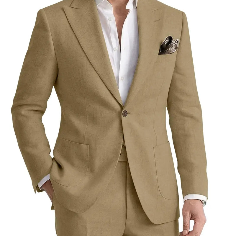 Men's 2 Pieces Linen Suits Casual Lightweight Summer Beach Groom Wedding Suit Linen Blazer Pants Set
