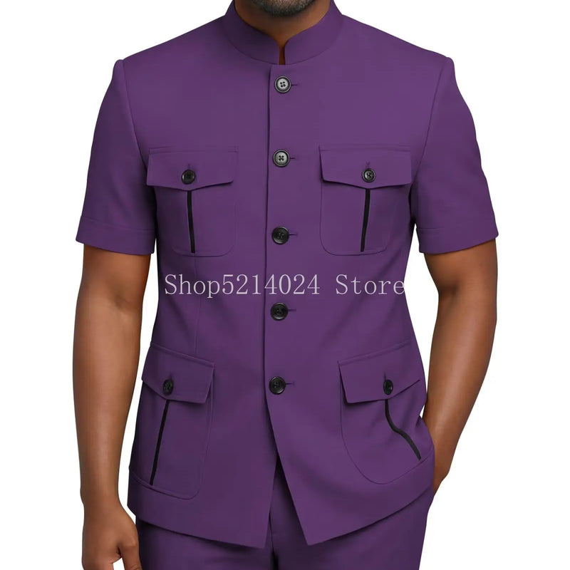 Mens Safari Suit 2 Piece Short Sleeve Suits for Men Regular Fit Stand Collar Suit African Clothes