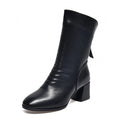 Leather boots for women 2023 autumn and winter round head mid-leg thick heel boots European and American style after zipper fash
